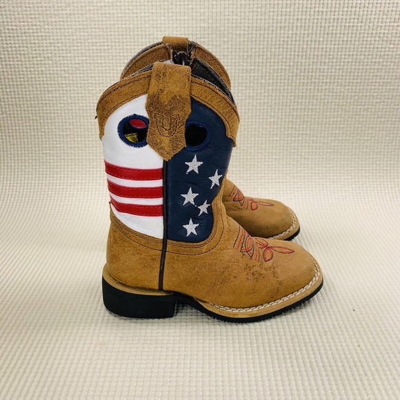 American Other - J.B. Dillon Americana Leather Boots Youth Size 7.5 Tan American Flag Embroidered